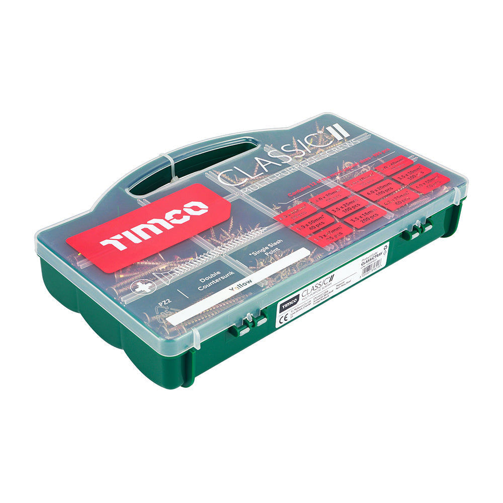 Timco Classic Multi‑Purpose Screws – Mixed Tray – PZ – Double Countersunk – Yellow (895 pcs)